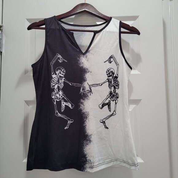 Edgy Sleeveless Top: Dancing Skeletons. Black and White. M. - Picture 7 of 8